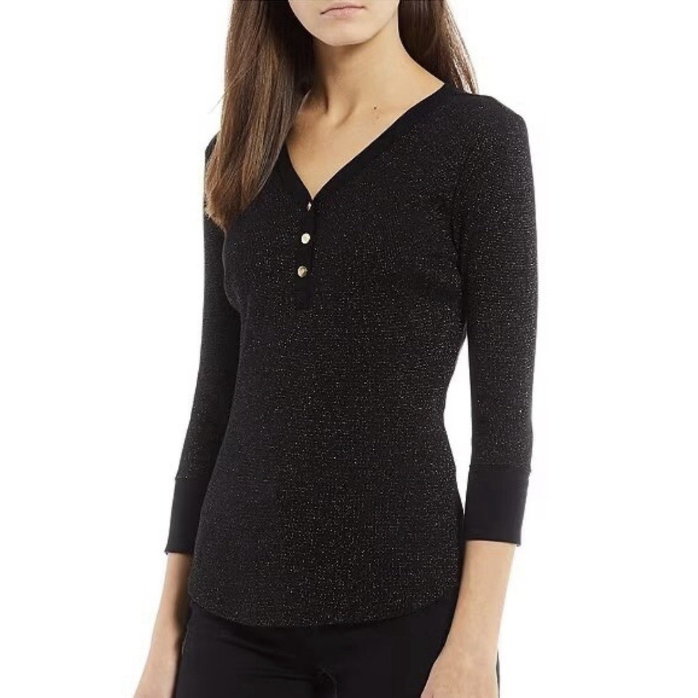 Lauren Ralph Lauren Waffle Knit Henley Top 3/4 Sleeve Black Metalic Size Medium